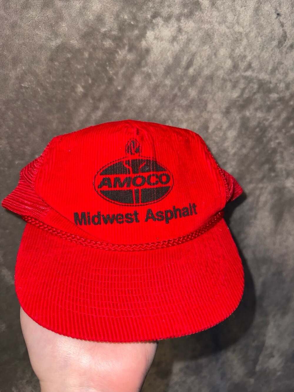 Vintage Amoco Midwest Asphalt Red Corduroy Mesh Snapback Trucker Hat